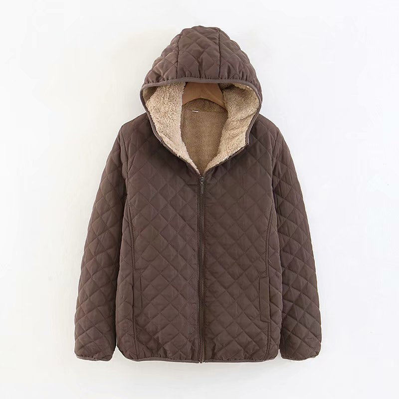Women's Short Casual Padded Lamb Fleece Jacket by DERILUJA LLC