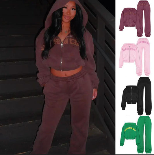 Ins Letter Sports Suit Zip-up Hooded Cropped Sweatshirt Top And Loose Drawstring Trousers Fashion Womens Clothing by DERILUJA LLC