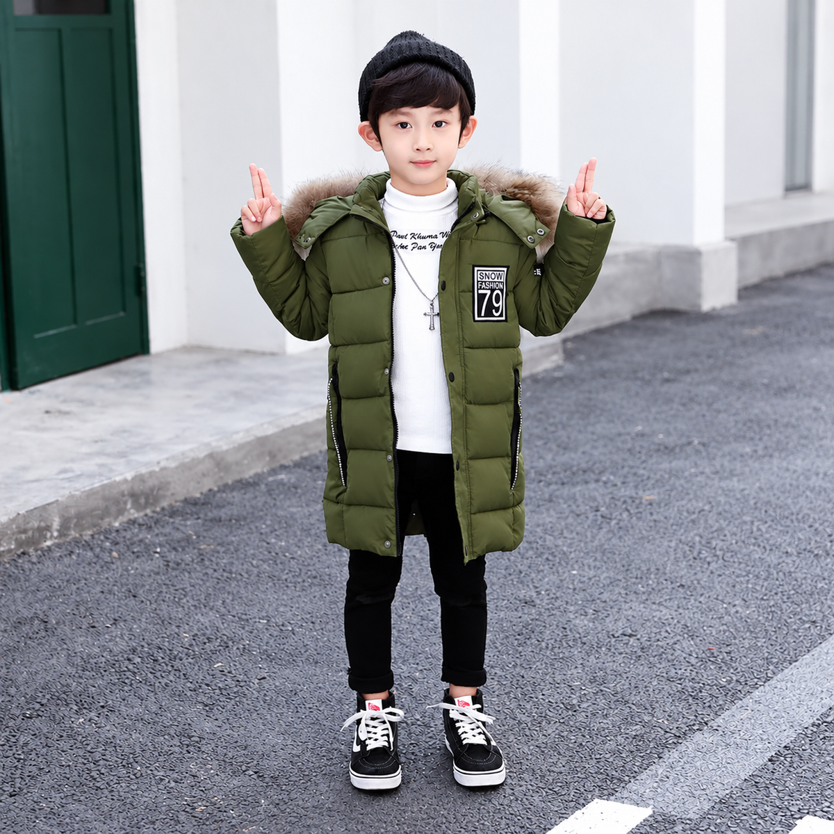Boys’ Faux-Fur Hooded Long Winter Parka – Warm Puffer Coat
