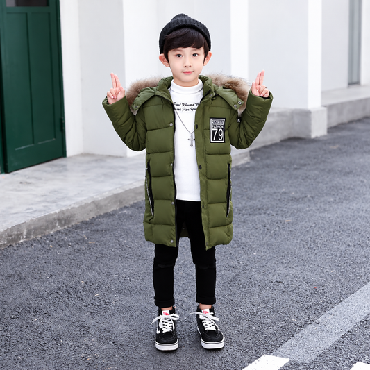 Boys’ Faux-Fur Hooded Long Winter Parka – Warm Puffer Coat