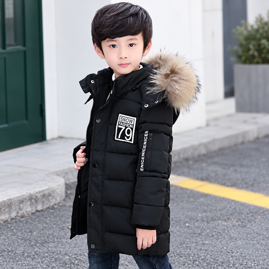Boys’ Faux-Fur Hooded Long Winter Parka – Warm Puffer Coat