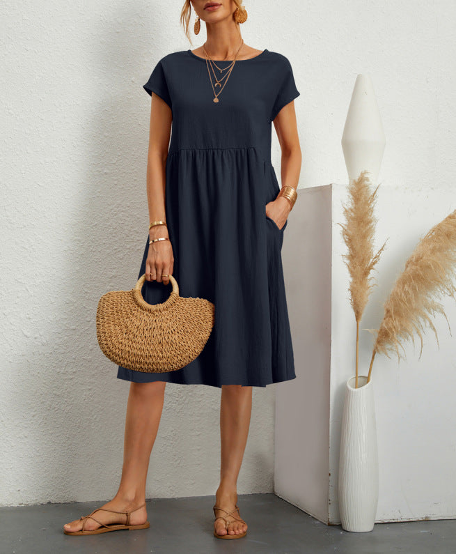 Summer Short-sleeved Dress With Pockets Fashion Solid Round Neck A-line Dresses For Women Clothing by DERILUJA LLC