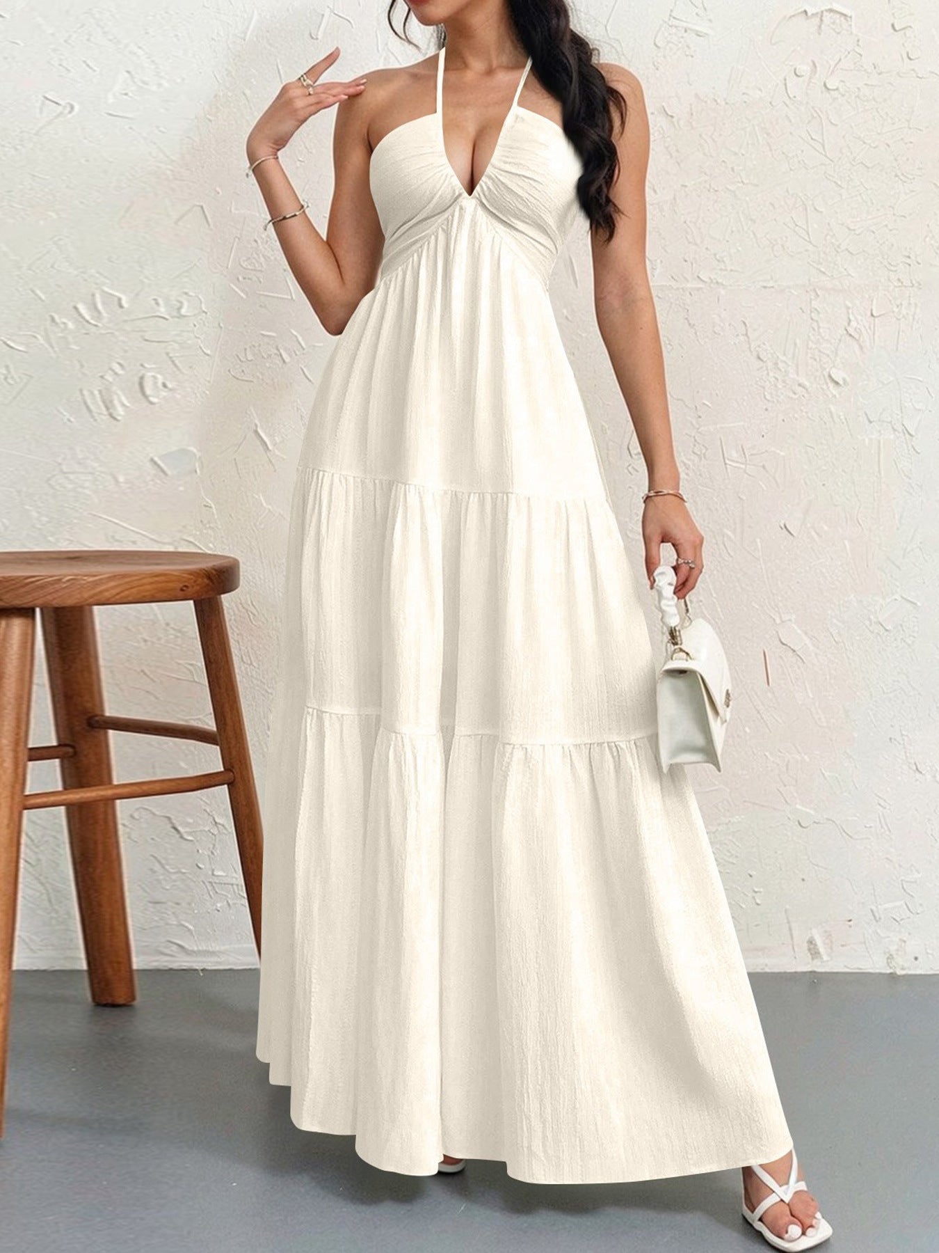 Backless Halterneck V-Neck Pleated A- Line Dress Women's Clothing One-Piece Dress Ankle-length Skirt For Beach Vacation Outfits by DERILUJA LLC