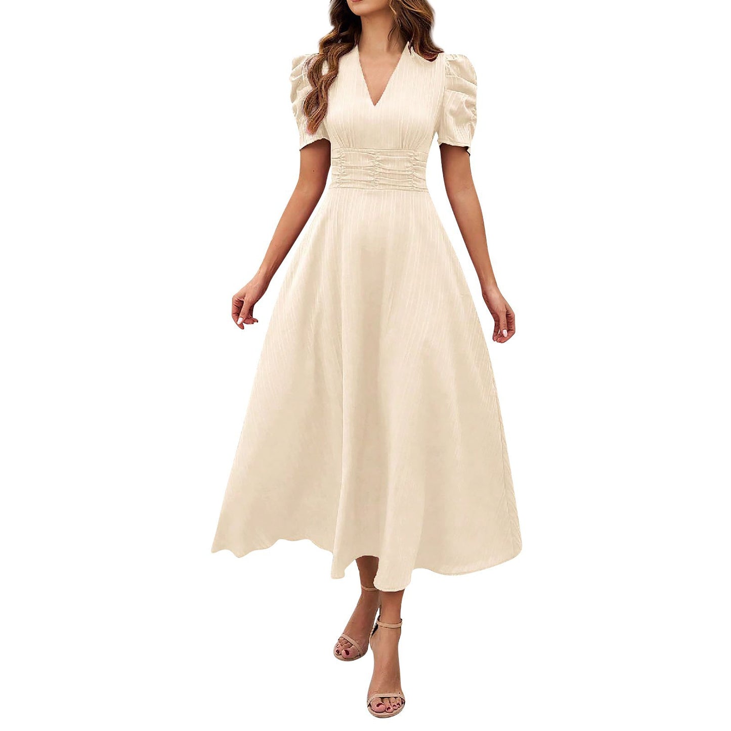 2026 Cross-Border Spring Summer Amazon Women's Fashionable And Elegant High-Waisted Solid Color Waist-Cinching Short-Sleeve Dress by DERILUJA LLC