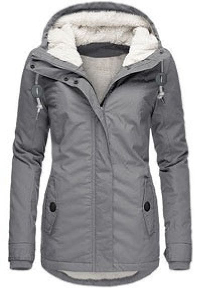 Winter Hooded Jacket Solid Color Warm Buckle Zip-up Fleece Jacket With Pockets Women's Casual Jacket by My Store