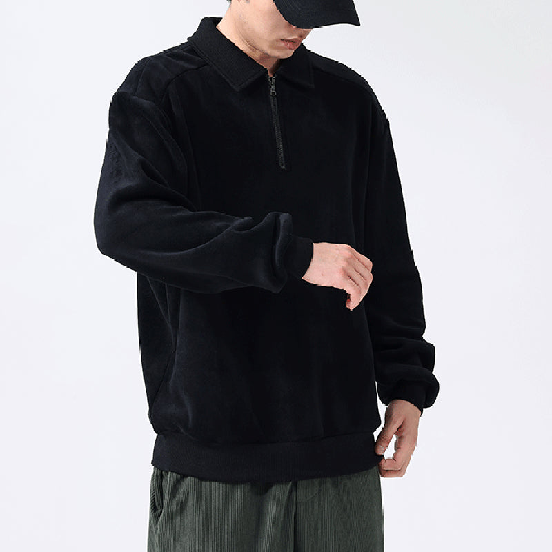 Fashion Lapel Half-zip Sweatshirt Winter Warm Fleece Long Sleeve Top Men's Clothing by DERILUJA LLC