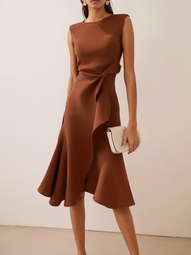 Women's Bow-knot Sleeveless Dress Summer Round Neck Red Temperament by DERILUJA LLC