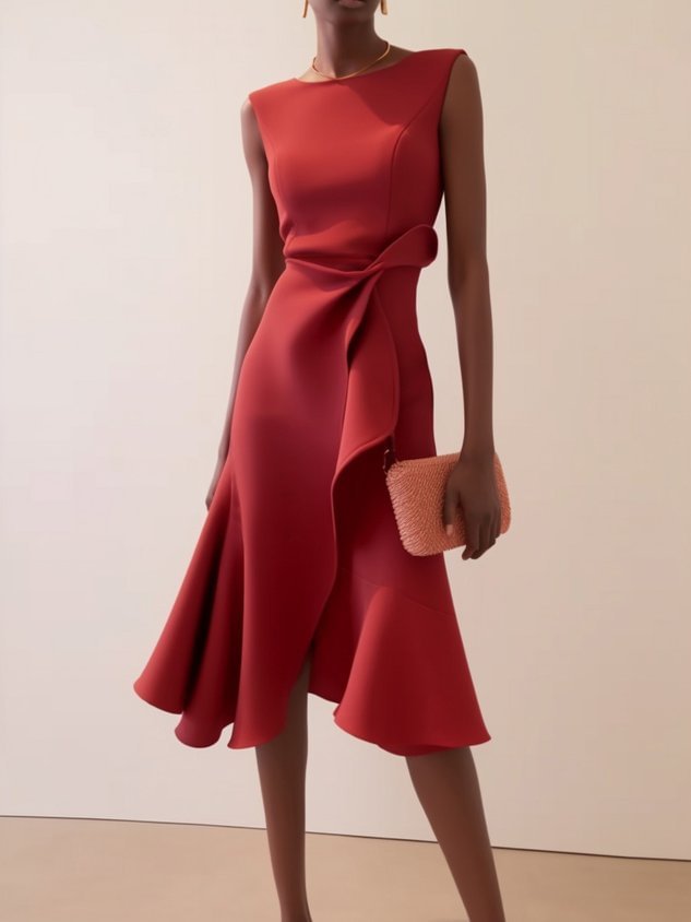 Women's Bow-knot Sleeveless Dress Summer Round Neck Red Temperament by DERILUJA LLC