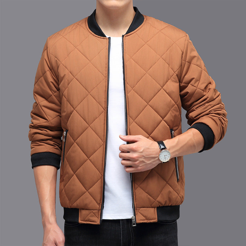Fashion Rhombic-sewing Design Cotton Coat Winter Warm Thickened Baseball Jacket Casual Solid Color Outwear Clothing For Men by My Store