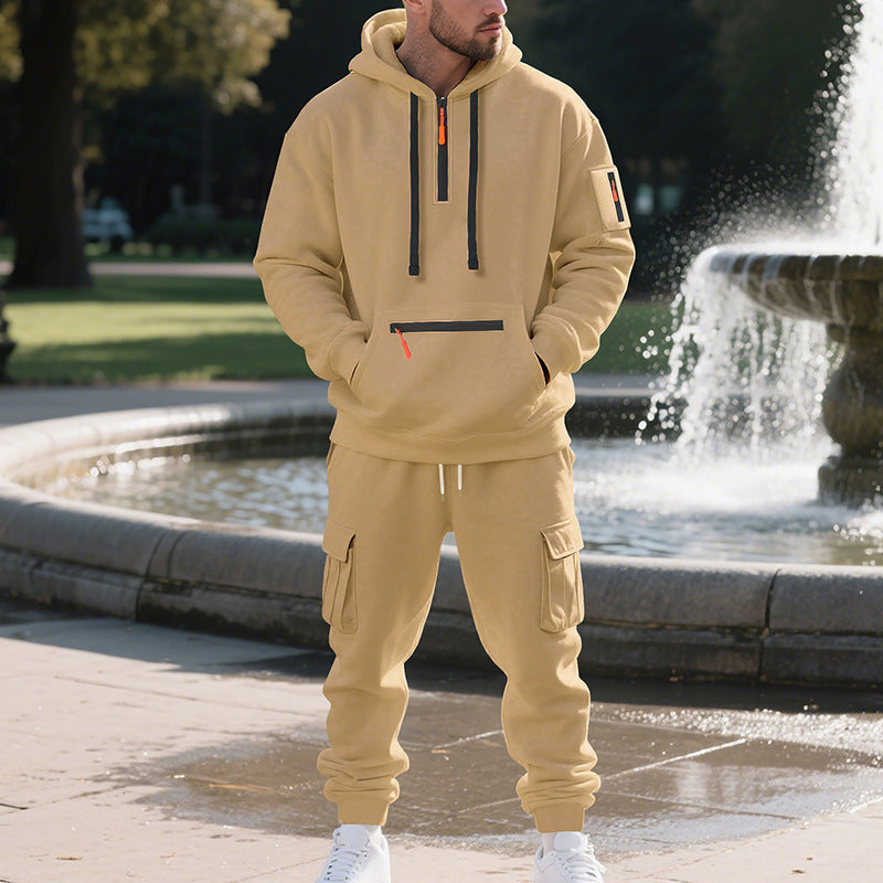 Men's Loose Sports And Leisure Suit Sweater Fleece-lined Hoodie Set Zipper Multi-Pocket Pullover Men's Sports Casual Top Two-piece Set by My Store