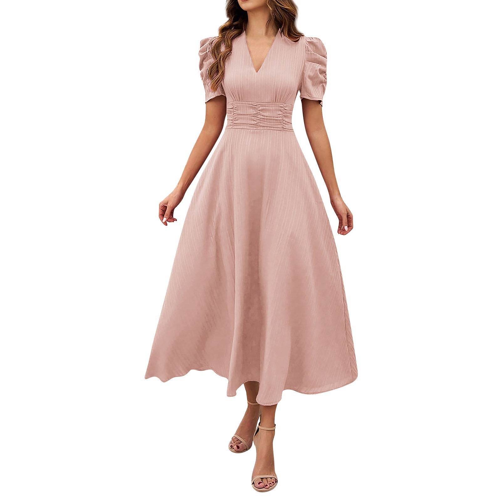 2026 Cross-Border Spring Summer Amazon Women's Fashionable And Elegant High-Waisted Solid Color Waist-Cinching Short-Sleeve Dress by DERILUJA LLC