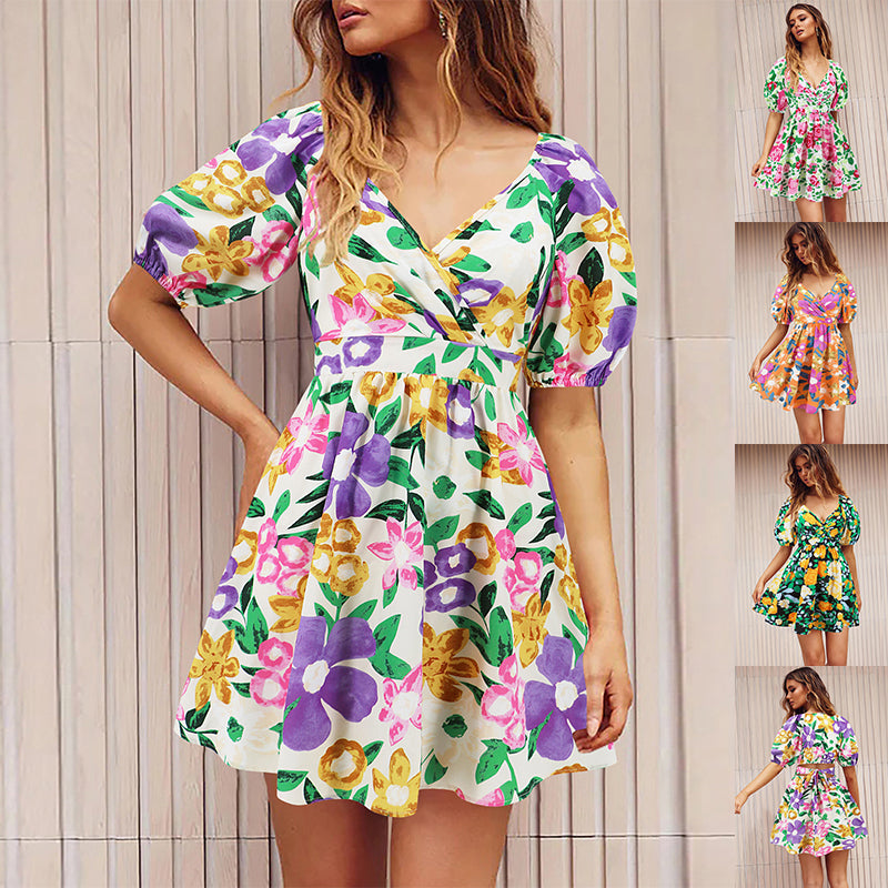 Flowers Print V-Neck Lantern-sleeve Dress Y2K Summer Vacation Beach Short Dresses Fashion Womens Clothing by DERILUJA LLC