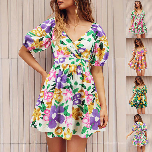 Flowers Print V-Neck Lantern-sleeve Dress Y2K Summer Vacation Beach Short Dresses Fashion Womens Clothing by DERILUJA LLC