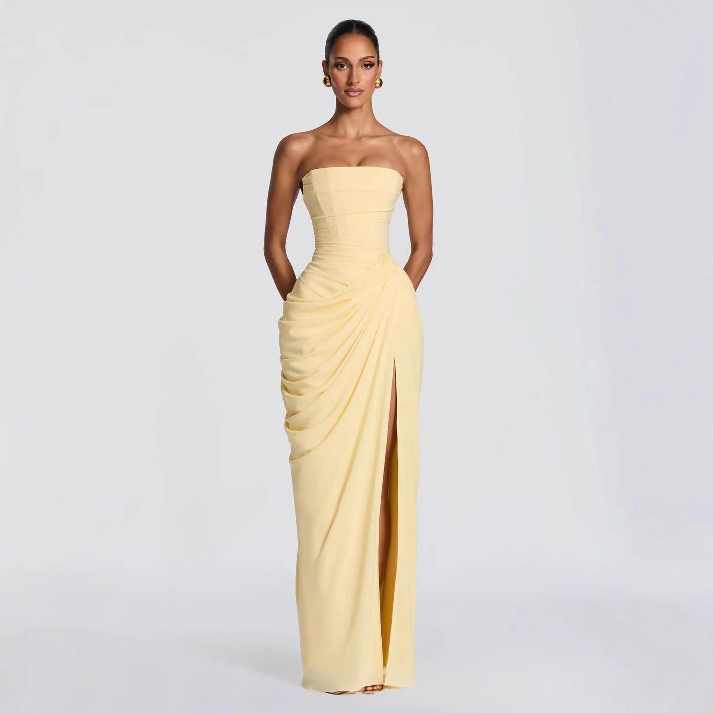 French Style Romantic Strapless Pleated Slit Dress - Women's Elegant Evening Gown For Summer Party Wedding Dresses by DERILUJA LLC