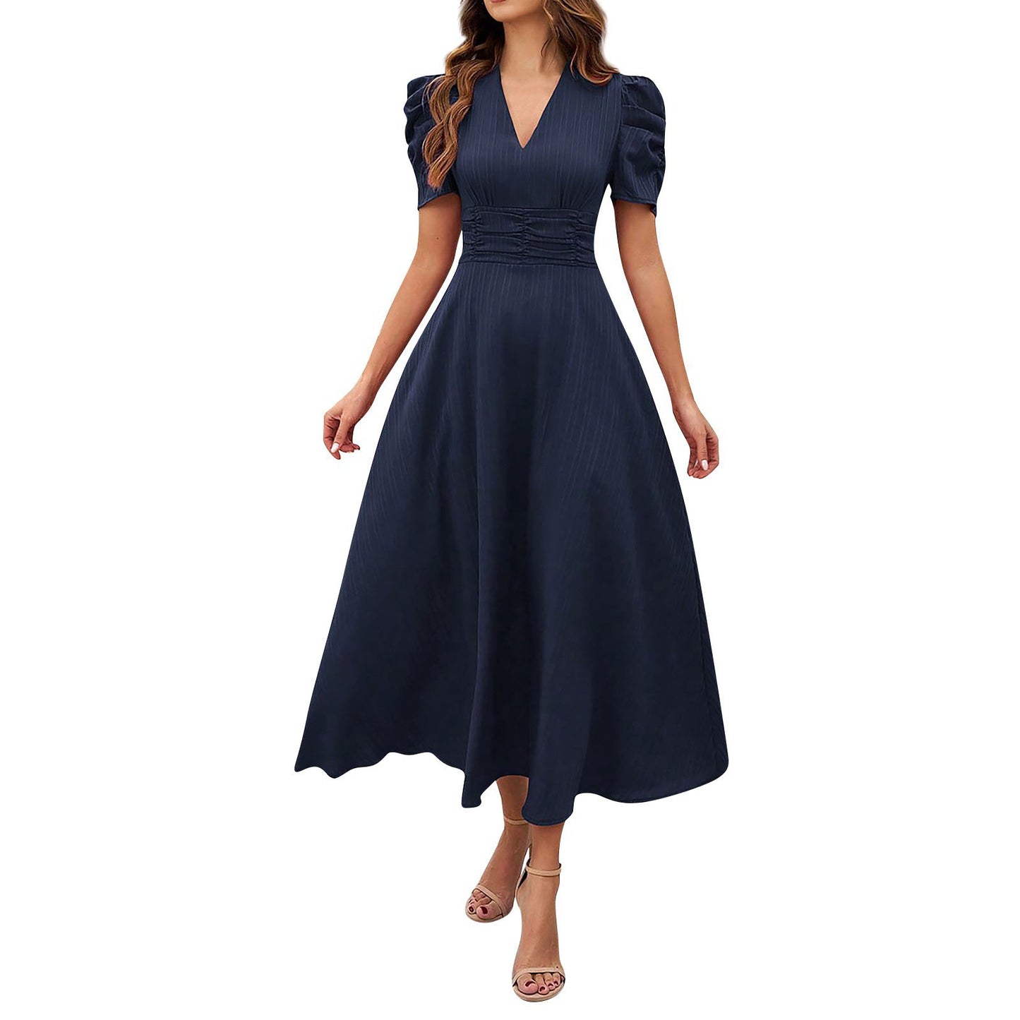 2026 Cross-Border Spring Summer Amazon Women's Fashionable And Elegant High-Waisted Solid Color Waist-Cinching Short-Sleeve Dress by DERILUJA LLC