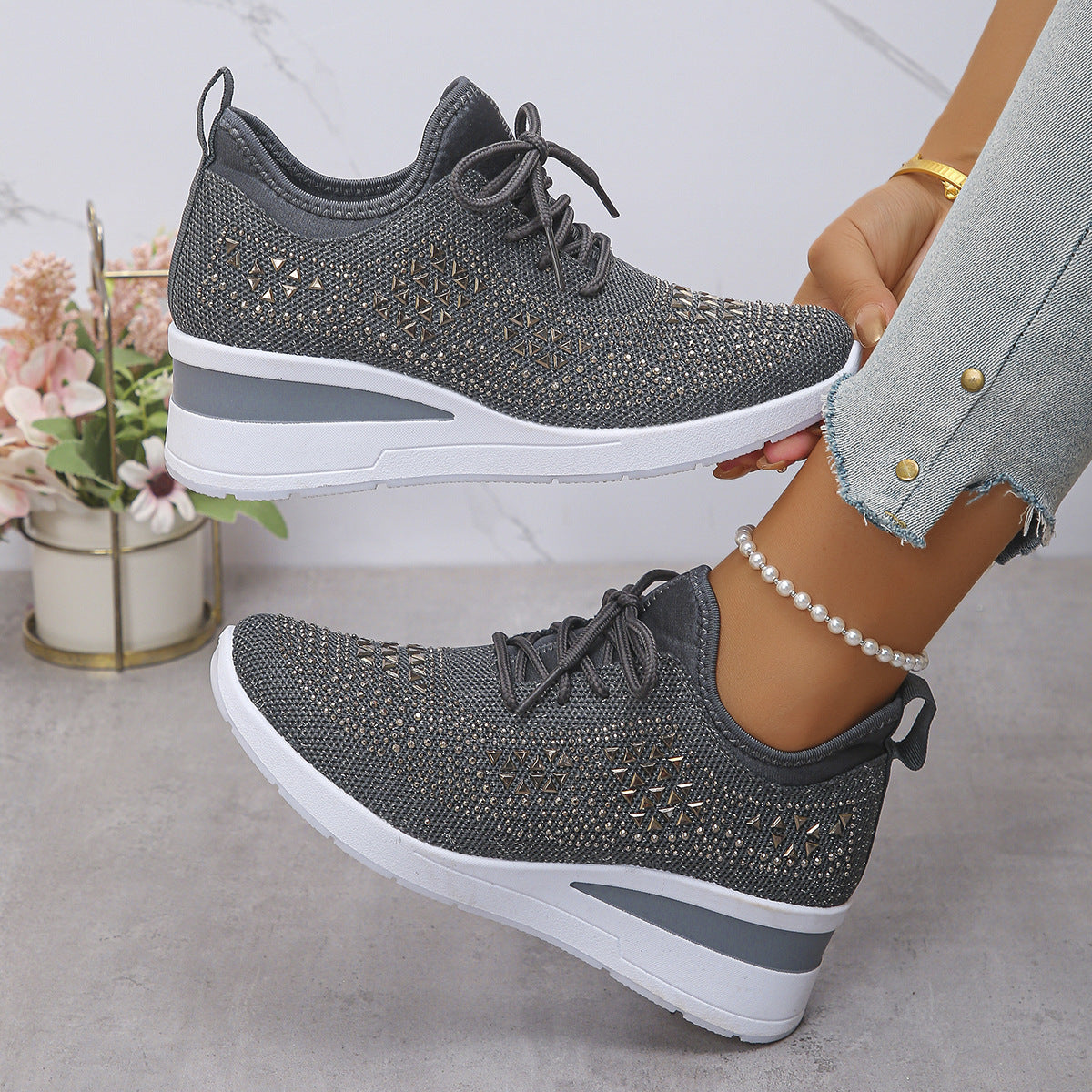Ins Rhinestone Sneakers Fashion Lace Up Wedges Casual Shoes Women's Daily Commuting Sports Shoes by My Store