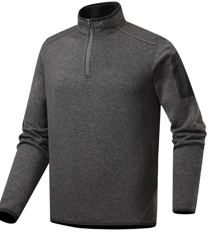 Men Quarter Zip Knit Fleece Pullover, Stand Collar Long Sleeve Sweater Jacket, Arm Zip Pocket, Warm Mid Layer For Hiking Camping Urban Daily Wear by DERILUJA LLC