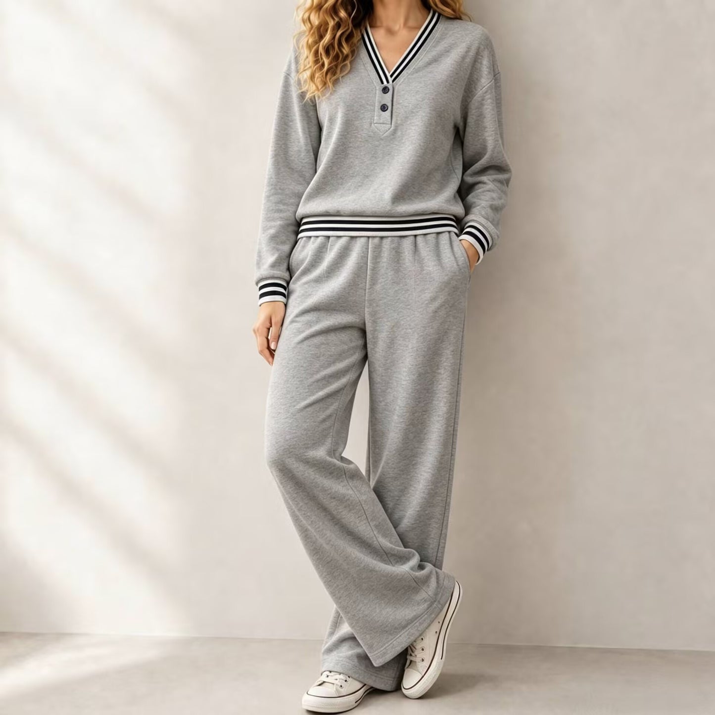 Womens V-neck Striped Sweatshirt And Wide-leg Pants Casual Lounge Set by DERILUJA LLC