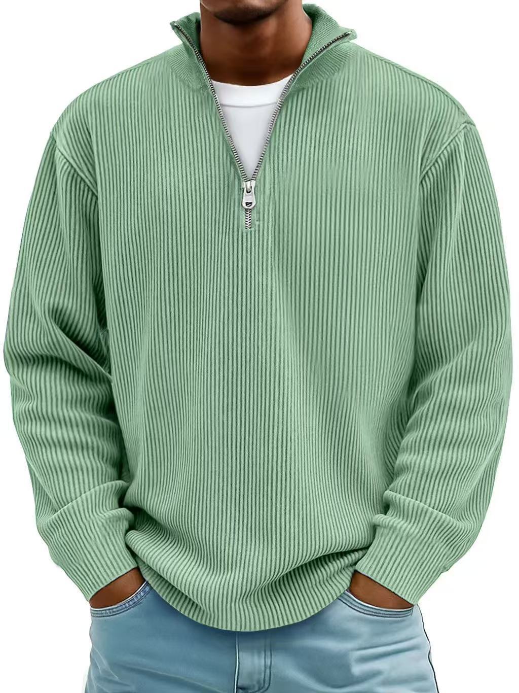 Corduroy Zipper Stand Collar Sweatshirt Fashion Warm Solid Color Long Sleeve Top Men's Casual Polo Shirt Clothing by My Store