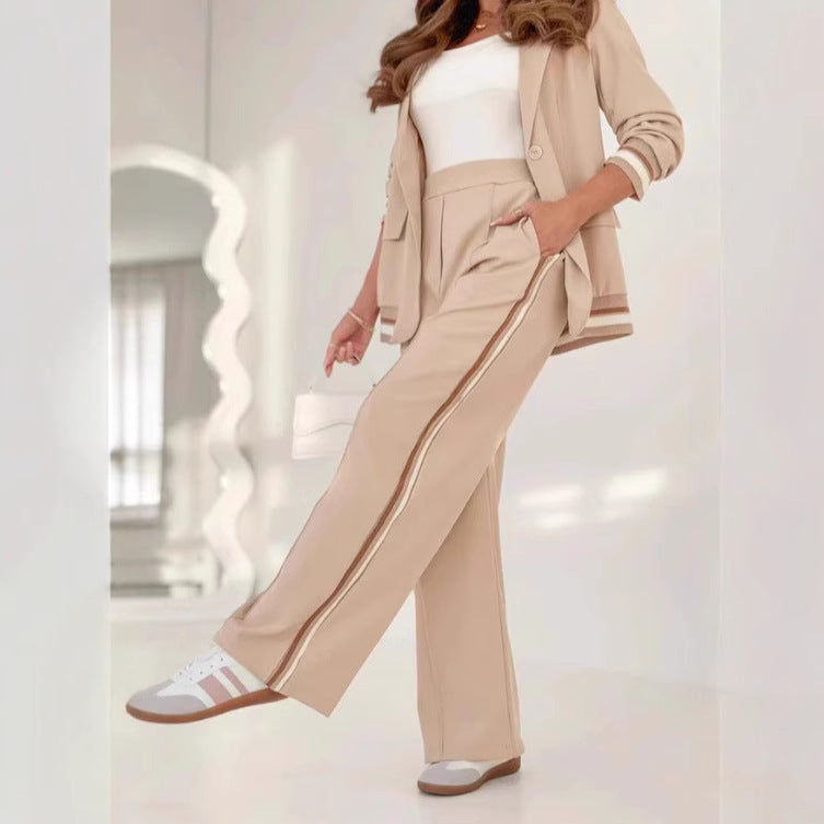 2 Pcs Set Women Suit Coat Pants Suit Lapel Long Sleeves Lady Jacket Wide Leg High Waist Trousers Female Commuting Office Outfit by My Store