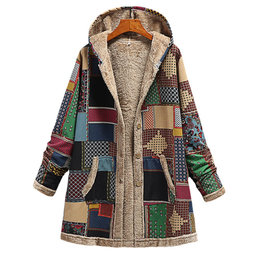 Cotton And Linen Printed Hoodie Warm Plush Coat by DERILUJA LLC