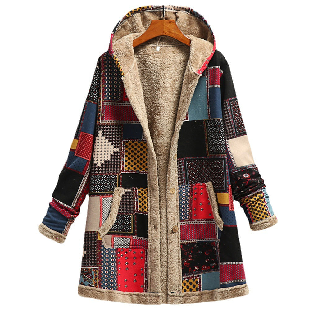 Cotton And Linen Printed Hoodie Warm Plush Coat by DERILUJA LLC