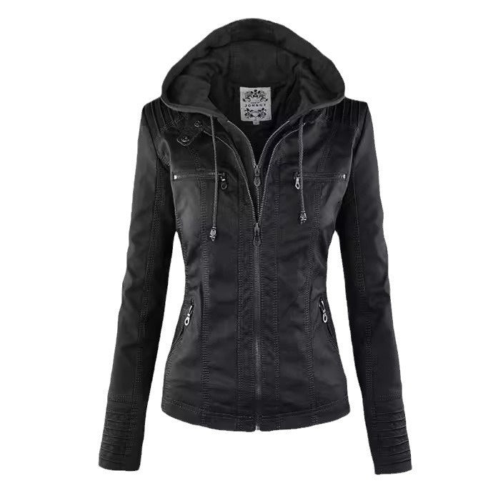 Women's Detachable Lapel Long Sleeve Solid Color Zipper Leather Jacket Coat by My Store