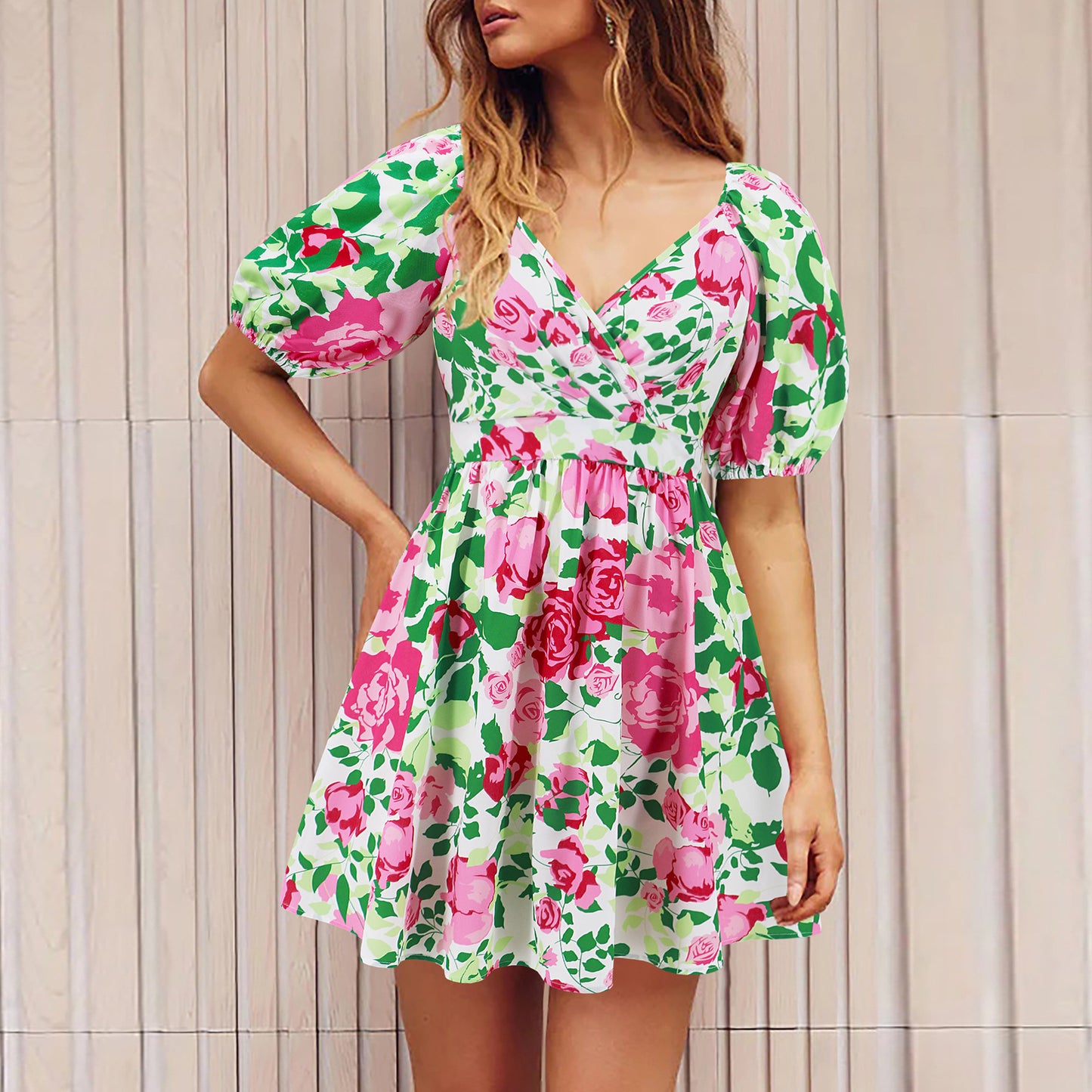 Flowers Print V-Neck Lantern-sleeve Dress Y2K Summer Vacation Beach Short Dresses Fashion Womens Clothing by DERILUJA LLC