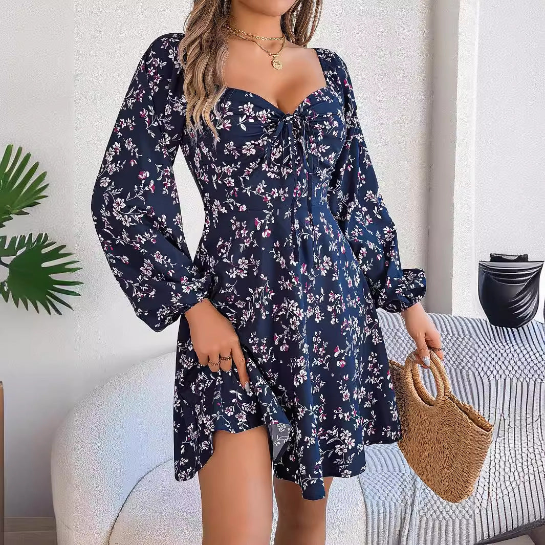 Fashion Floral Print Lantern Sleeve Dress Casual Sexy Tie Square Neck Long Sleeve A-Line Dress Women's Clothing by DERILUJA LLC