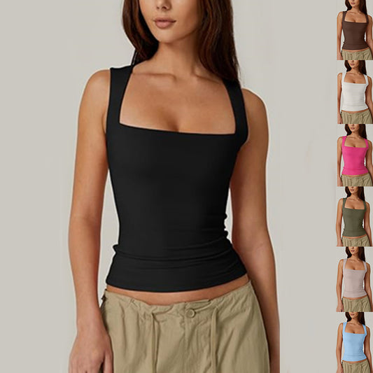 Summer Square-neck Tank Vest Ins Fashion Slim Solid Sleeveless Tops For Women Clothing by DERILUJA LLC