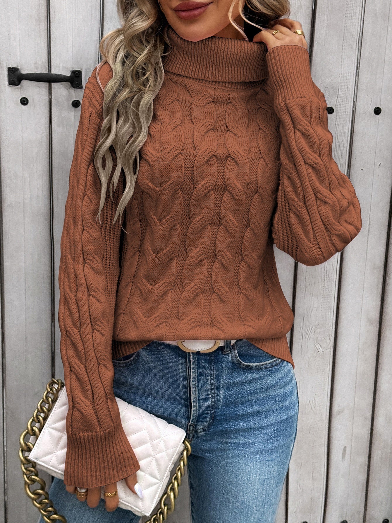 Women's Cable-knit Turtleneck Sweater by My Store