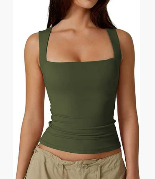 Summer Square-neck Tank Vest Ins Fashion Slim Solid Sleeveless Tops For Women Clothing by DERILUJA LLC