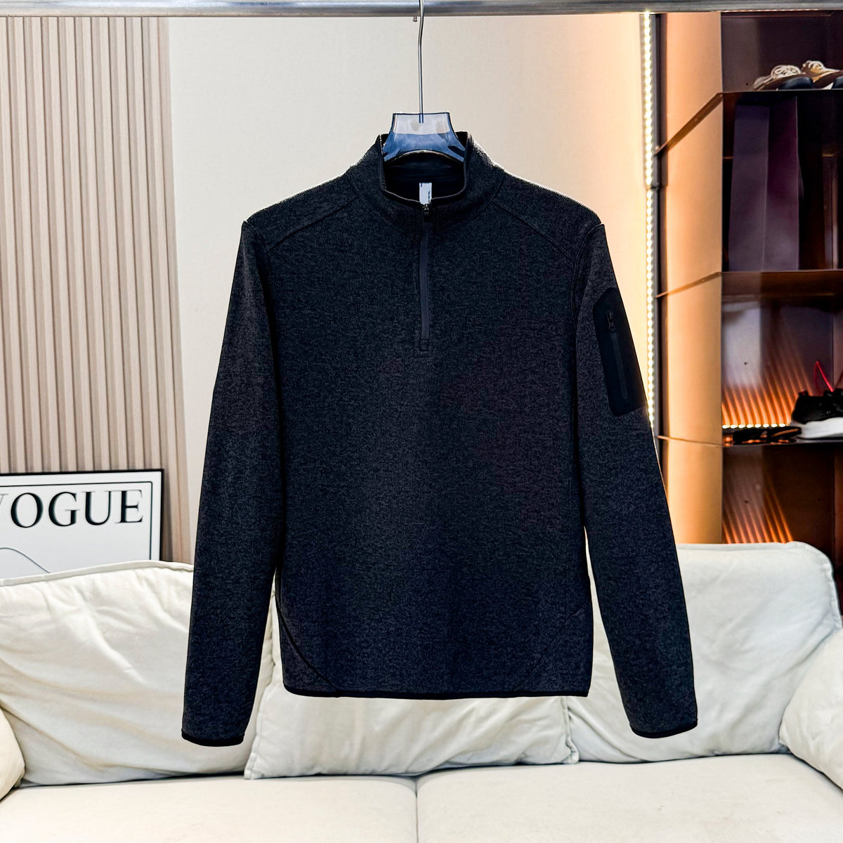 Men Quarter Zip Knit Fleece Pullover, Stand Collar Long Sleeve Sweater Jacket, Arm Zip Pocket, Warm Mid Layer For Hiking Camping Urban Daily Wear by DERILUJA LLC