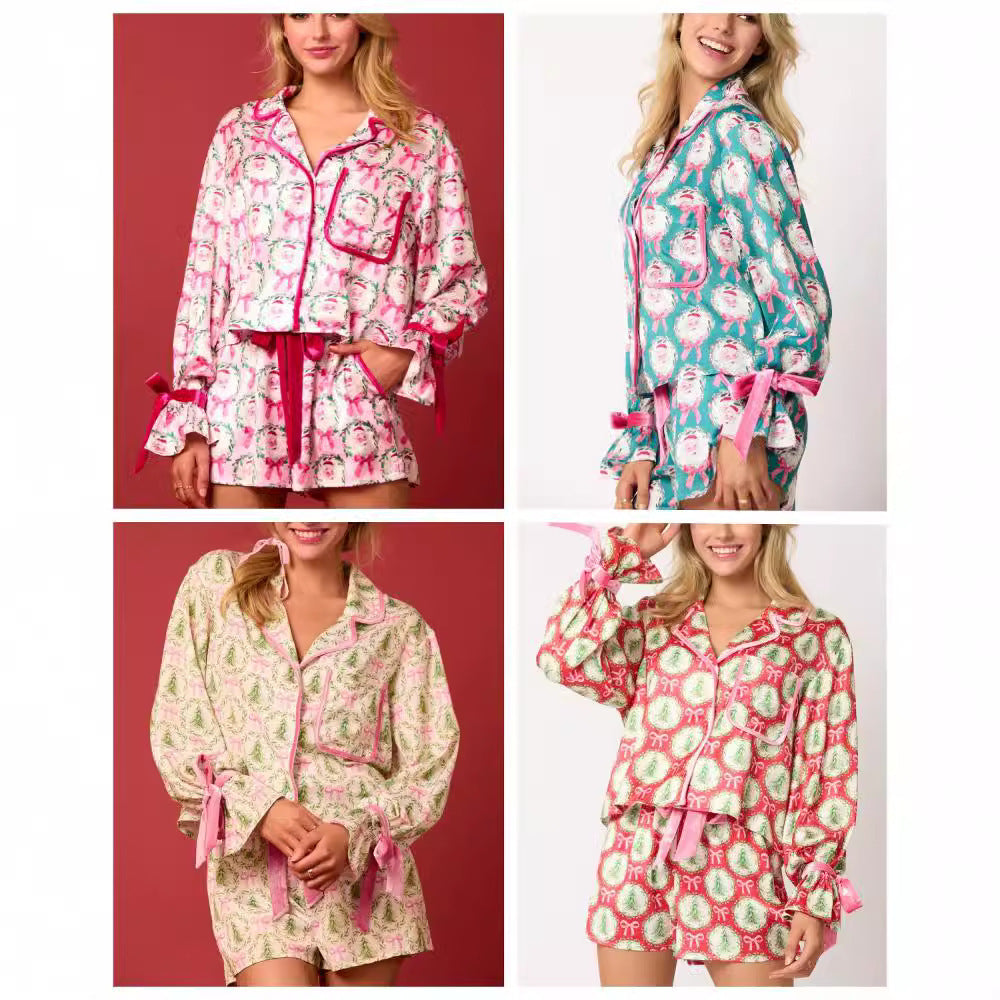 2 Pcs Women's Christmas Pajama Set Santa Tree Print Lapel Neck Button-up Long Sleeve Tops Shorts Loungewear Outfit by My Store