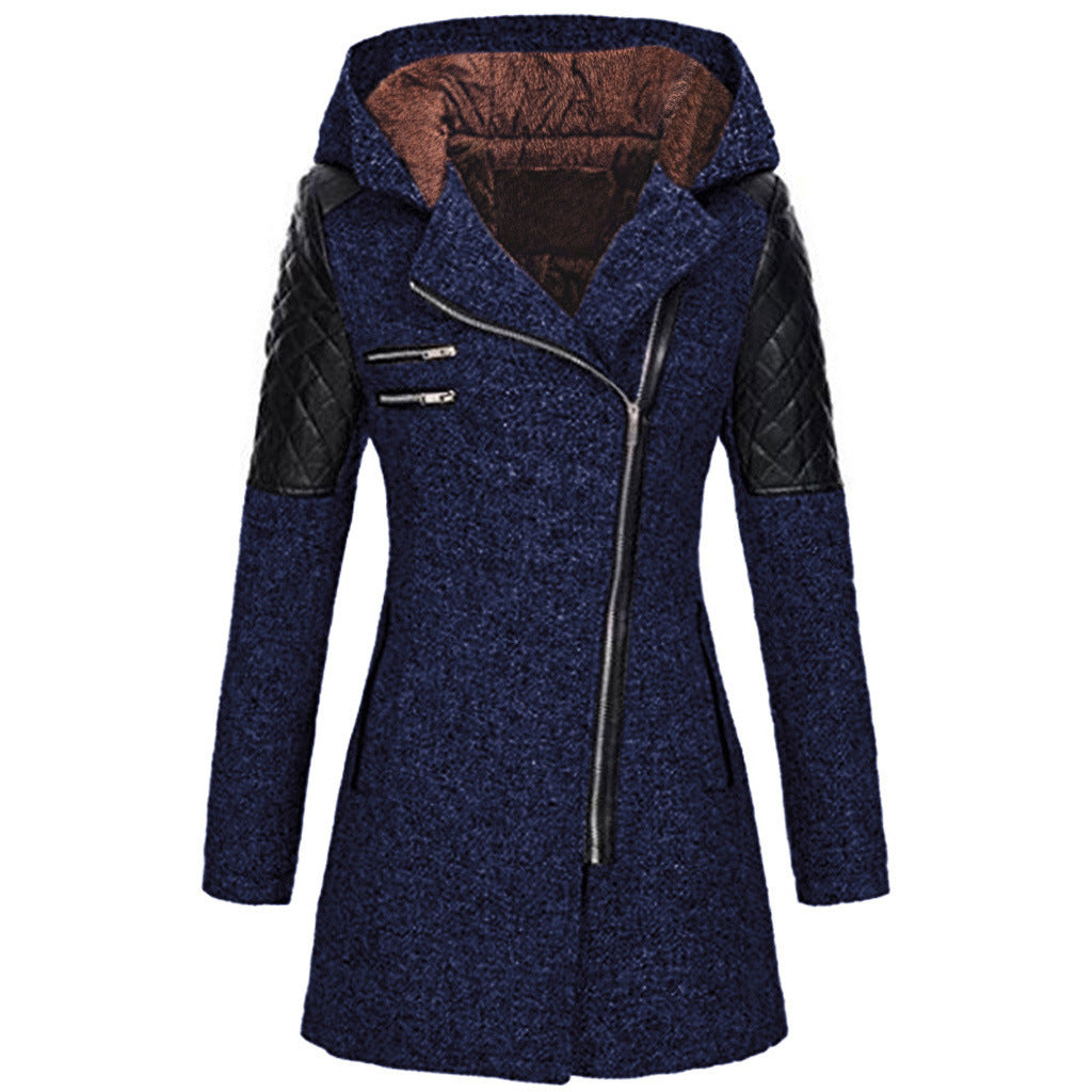 Women Warm Slim Full Zipper Coat Thick Woolen Coat Female Fall Winter Windbreaker Hooded Diagonal Zipper Women's Clothing by My Store