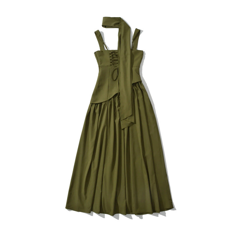 Elegant Olive Green Maxi Dress For Women Summer Flowy Long Dress With Scarf Birthday Party Beach Graduation Dress by DERILUJA LLC
