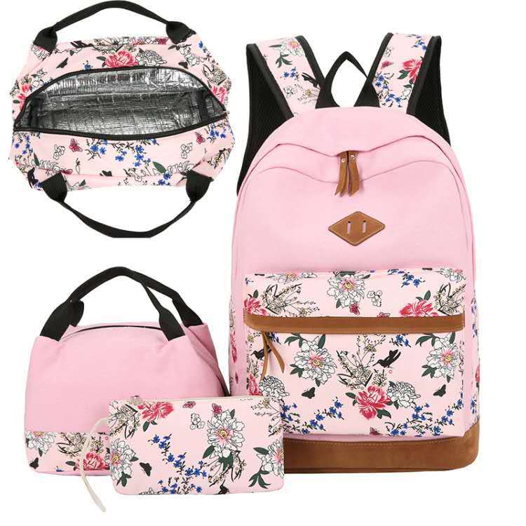 Floral Bags 3pcs Schoolbag Backpack Lunch Bag And Wallets