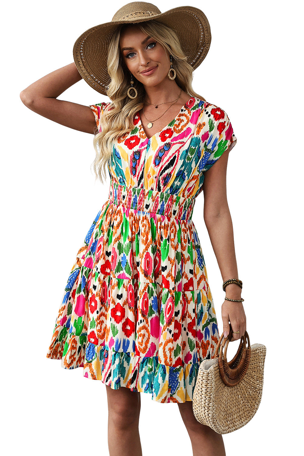 Printed French-Style Elegant V-Neck Dress by DERILUJA LLC
