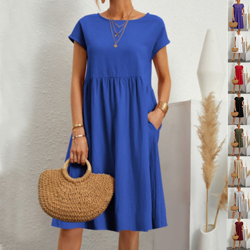 Summer Short-sleeved Dress With Pockets Fashion Solid Round Neck A-line Dresses For Women Clothing by DERILUJA LLC