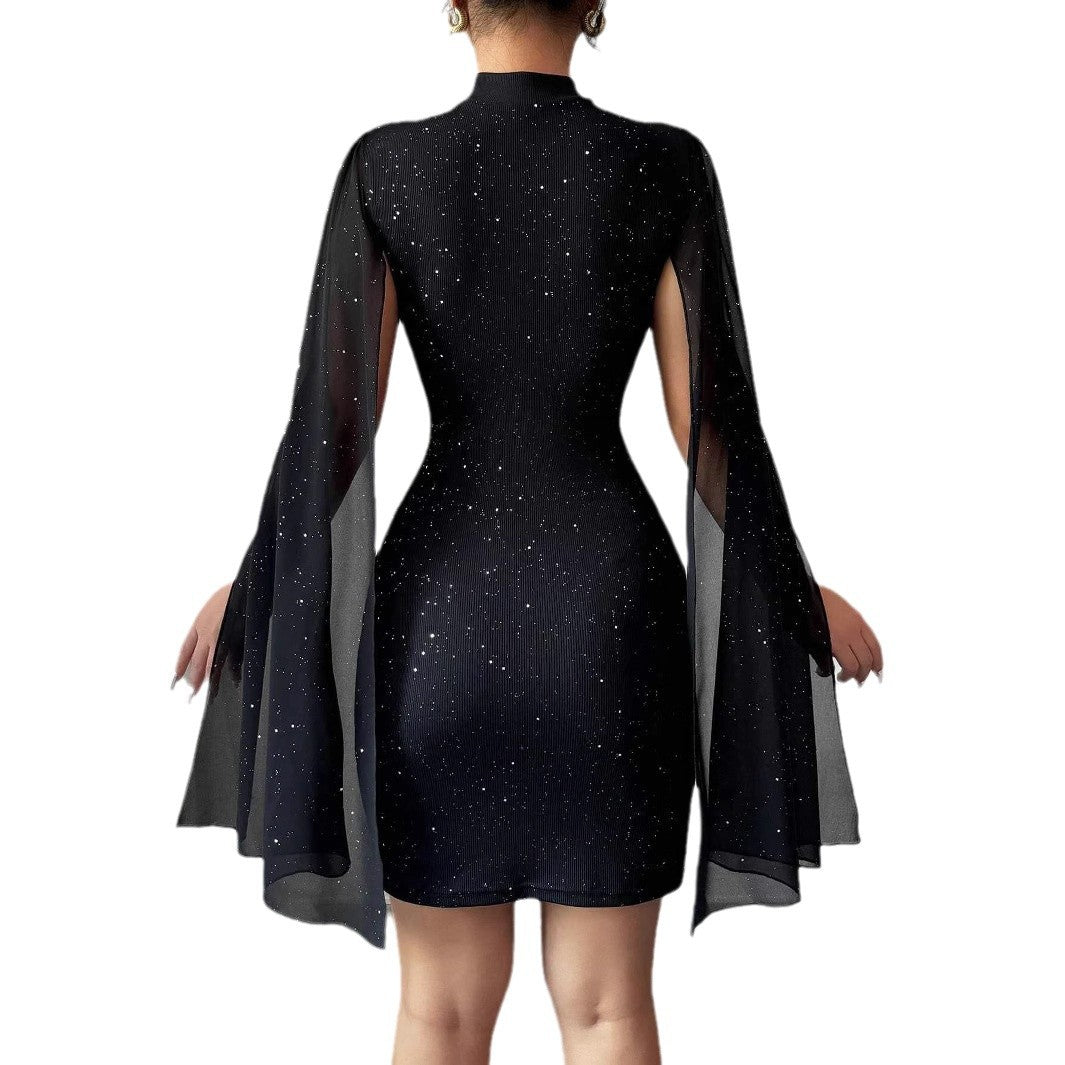 Women's Sexy Elegant Evening Party Dresses Round Neck Pit Stripe Pearl Chiffon Cape Sleeve Wrapped Hip Dress by DERILUJA LLC