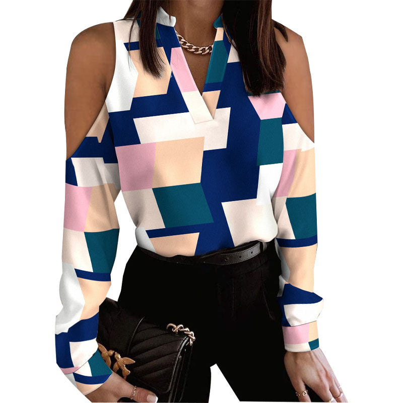 Long Sleeve Off-shoulder Long Sleeve Printed Shirt by DERILUJA LLC