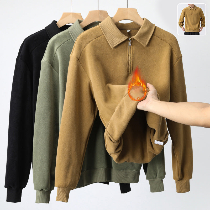 Fashion Lapel Half-zip Sweatshirt Winter Warm Fleece Long Sleeve Top Men's Clothing by DERILUJA LLC