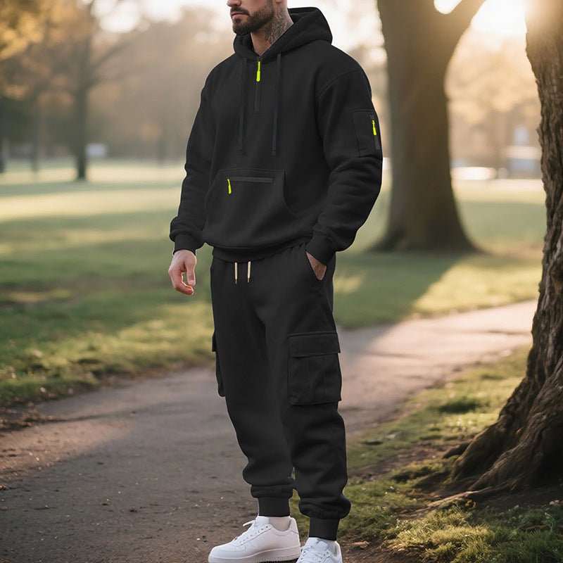 Men's Loose Sports And Leisure Suit Sweater Fleece-lined Hoodie Set Zipper Multi-Pocket Pullover Men's Sports Casual Top Two-piece Set by My Store