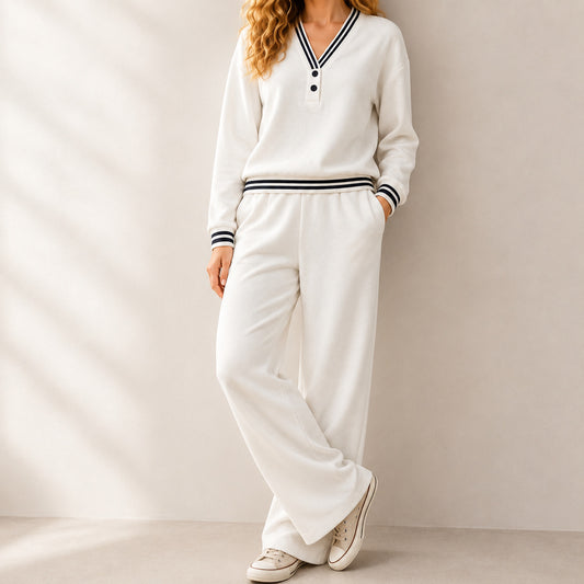 Womens V-neck Striped Sweatshirt And Wide-leg Pants Casual Lounge Set by DERILUJA LLC