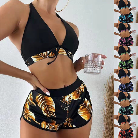 3pcs Leaf Print Bikini With Shorts Fashion Summer Beach Swimsuit Womens Clothing by DERILUJA LLC