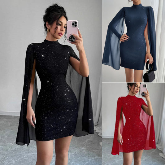 Women's Sexy Elegant Evening Party Dresses Round Neck Pit Stripe Pearl Chiffon Cape Sleeve Wrapped Hip Dress by DERILUJA LLC