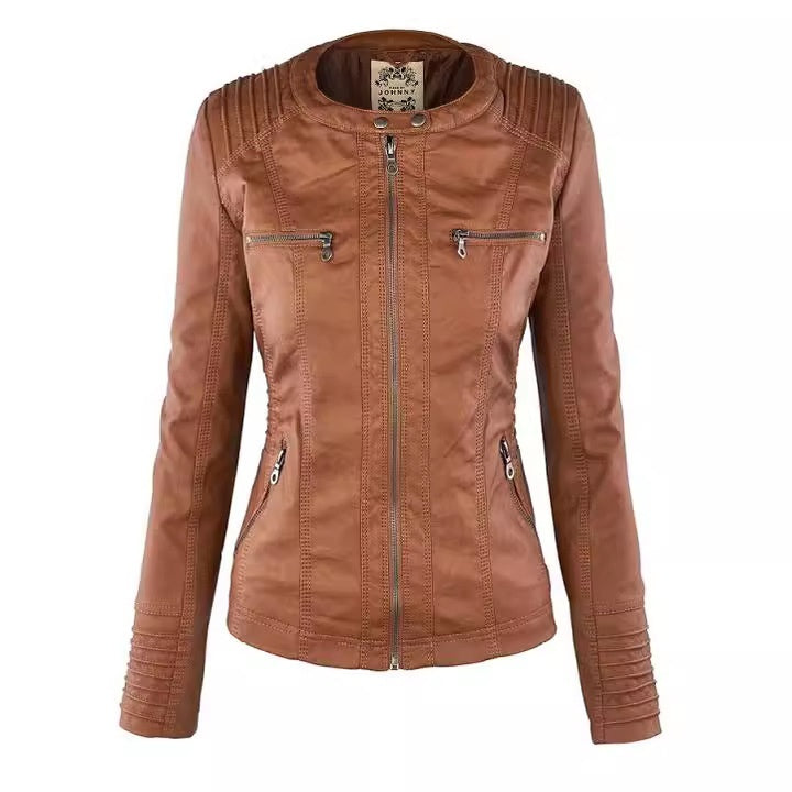 Women's Detachable Lapel Long Sleeve Solid Color Zipper Leather Jacket Coat by My Store