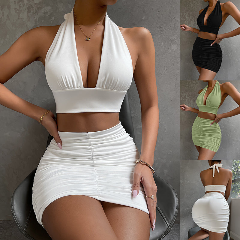 2pcs Dress Suits For Women Halter Lace-up Hip Top And Pleated Hip-covering Skirt by DERILUJA LLC
