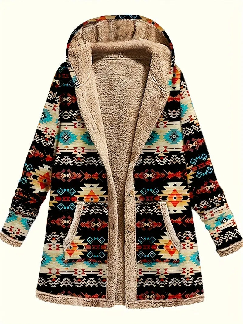 Cotton And Linen Printed Hoodie Warm Plush Coat by DERILUJA LLC