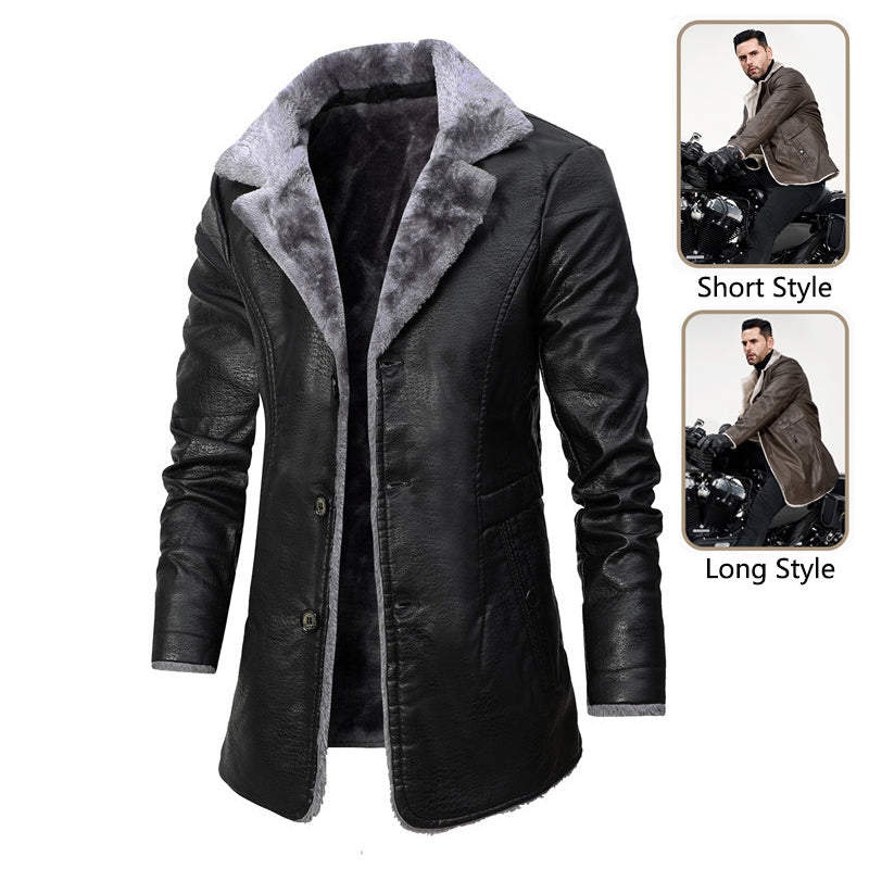 Plush Lapel Leather Jacket Winter Warm Fleece Single-breasted Coat For Men Long Clothing by DERILUJA LLC